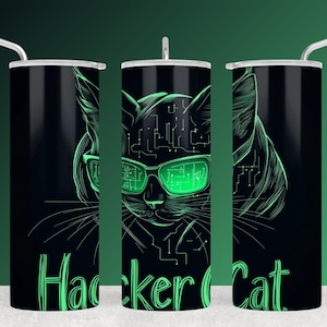 Hackerkatt - Futuristisk kattillustration med solglasögon för 20 oz Tumbler Wrap - Sublimeringsdesign för direktnedladdning