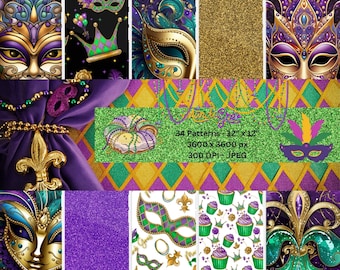 Mardi Gras Digital Paper:  NOLA Designs (34 PNG, 12"x12")