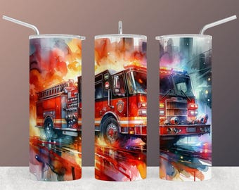 Watercolor Fire Truck Design for 20 oz Tumbler Wrap - Instant Download Sublimation Artwork