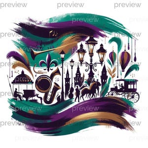 Clipart di celebrazione vibrante con musica, giostre e mongolfiere per download immediato e design a sublimazione