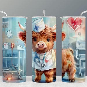 May include: A stainless steel tumbler with a colorful illustration of a Highland cow dressed as a doctor. The cow is wearing a white coat, a stethoscope, and a red heart on its chest. The background is a blue and white hospital room with medical equipment.