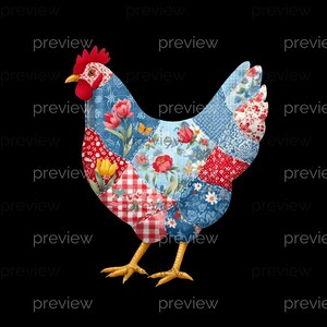 May include: A patchwork chicken illustration with a red comb and wattle, yellow feet, and a black background. The chicken's body is made of various fabric patterns, including floral, gingham, and paisley designs.