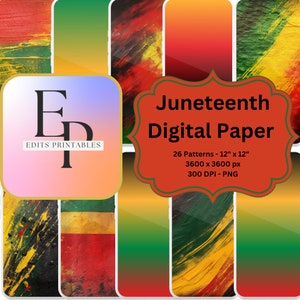 May include: A digital paper set with a Juneteenth theme. The image features a variety of abstract patterns in red, yellow, green, and black. The set includes 26 patterns, each 12" x 12" at 300 DPI.