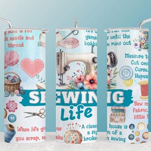 May include: Three turquoise and white tumblers with a sewing theme. The tumblers feature images of sewing machines, buttons, thread, and fabric. The text on the tumblers includes "Sewing Life", "When life gives you scrap, make", and "Measure twice, cut once, curse, repeat".