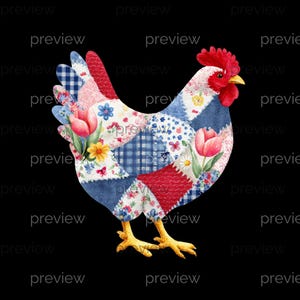 Peut inclure: Illustration d'un coq patchwork coloré sur fond noir. Le coq présente des patchs rouges, blancs et bleus avec des motifs floraux et vichy. Des tulipes roses et des fleurs jaunes sont également incluses dans le design. Le coq a des pattes jaunes et une crête rouge.