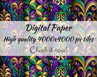 Gold Purple Teal Swirl Pattern, Ornamental Digital Paper (PNG)