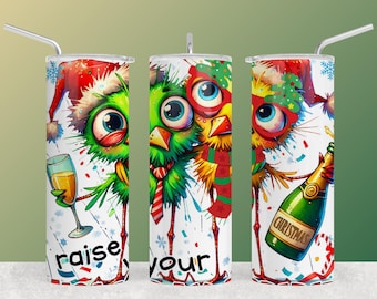 Emballage de gobelet festif oiseaux de bande dessinée - Design sublimation des fêtes (téléchargement numérique)