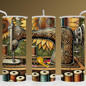 May include: Three stainless steel tumblers with a colorful design featuring a vintage sewing machine, sunflowers, and spools of thread. The tumblers are perfect for holding hot or cold beverages.