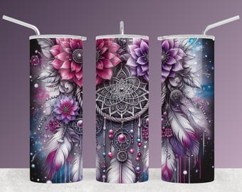 Emballage pour gobelet attrape-rêves : plumes florales, sublimation 20 oz (téléchargement numérique)