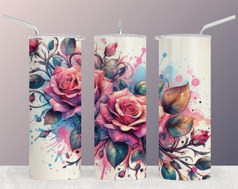 Emballage de gobelet roses : motif floral aquarelle (téléchargement numérique)