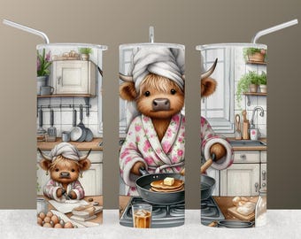Emballage de gobelet de cuisine vache Highland : motif sublimation pour le petit-déjeuner aux crêpes (téléchargement numérique)