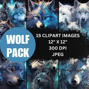 May include: A digital art pack featuring 15 wolf images. The artwork showcases detailed portraits of wolves with blue and white fur, glowing eyes, and a mystical aesthetic. The images are 12" x 12" and 300 DPI, in JPEG format. The words "WOLF PACK" are in a blue circle.