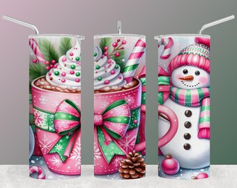 Emballage de gobelet en forme de bonhomme de neige d'hiver - Conception de tasse de chocolat chaud rose (téléchargement numérique)