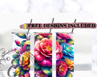 Camellia Flower Tumbler Wrap: Bumblebee Sublimation Design (Digital Download PNG)