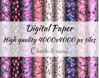 Motif sans couture de guirlandes lumineuses colorées, papier numérique de Noël (téléchargement numérique)