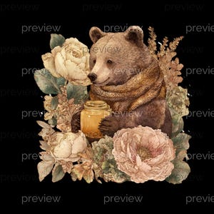 Könnte beinhalten: Aquarellillustration eines braunen Bären mit Schal, der ein Honigglas hält, umgeben von Blumen. Der Bär ist der Mittelpunkt, mit einer weichen, warmen Farbpalette. Die Blumen umfassen Pfingstrosen und andere Blüten.