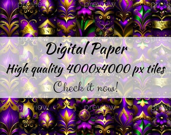 Mardi Gras Purple and Gold Floral Motif  Pattern for Digital Paper and Gift Wrap