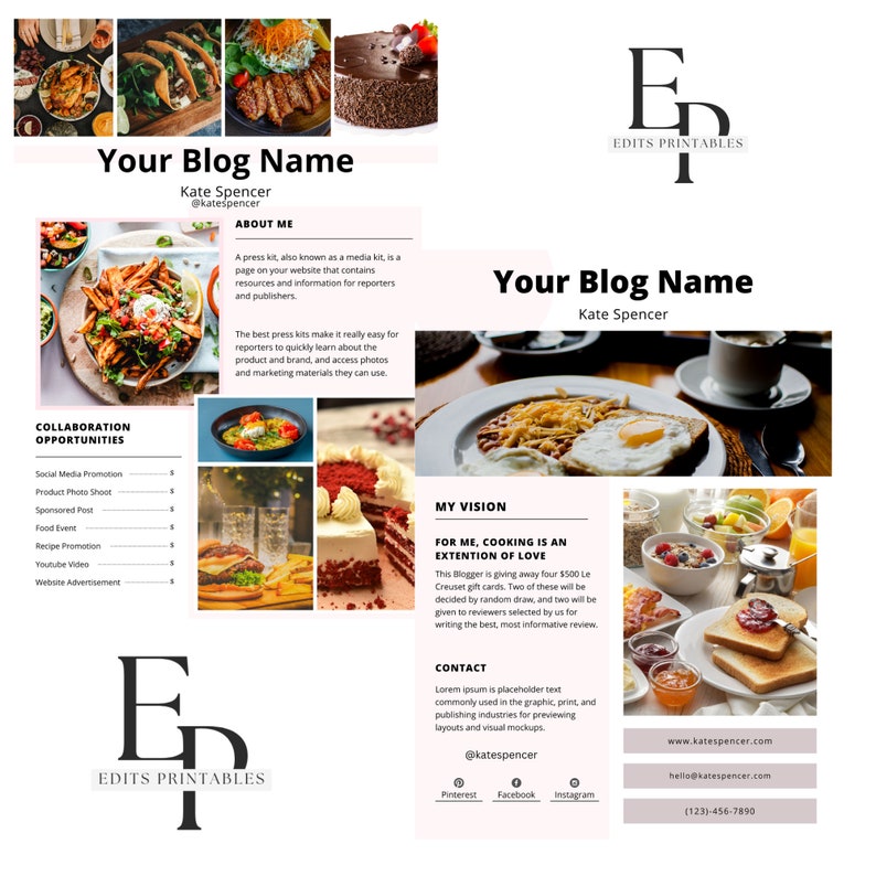 Food Blogger Media Kit Canva Template - Editable Influencer Kit (5 ...
