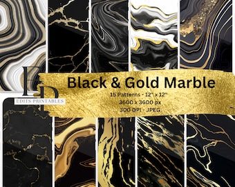 Digital Paper, Black And Gold Marble Digital Paper, INSTANT DOWNLOAD, 12x12, Gold Marble Background, 300 DPI, Black Marble Digital Paper