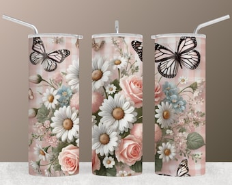 Papier d'emballage pour gobelet papillon – motif sublimation de bouquet pastel (téléchargement numérique)