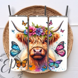 Seamless Highland Cow Tumbler Wrap, 20oz Skinny Sublimation Tumbler Design, Highland Cow Sublimation Design Png, Floral Tumbler Png Download