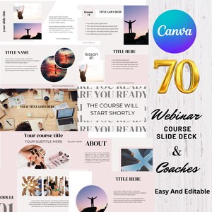 Puede incluir: Una presentación de diapositivas rosa y blanca con el texto "70 Webinar Course Slide Deck & Coaches Easy And Editable" en letras doradas. La presentación de diapositivas está diseñada para un seminario web sobre un curso que comenzará pronto. La imagen también incluye una computadora portátil, una persona de pie en una montaña y una puesta de sol.
