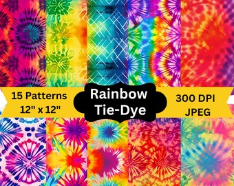 May include: 15 digital paper patterns featuring rainbow tie-dye designs in various swirls and patterns. Each pattern is 12 inches by 12 inches and 300 DPI.