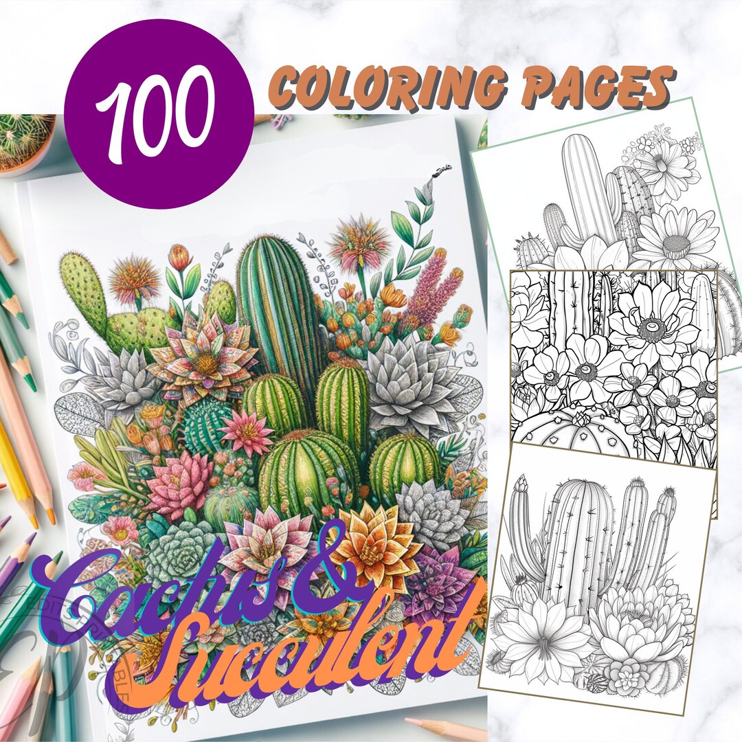 100 Floral Cactus & Succulent Coloring Book, Printable PDF, Botanical ...