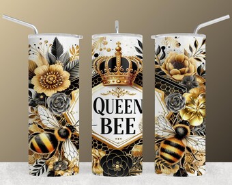 Emballage pour gobelet Reine des abeilles : motif floral en or noir (20 oz, téléchargement numérique)