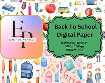 Terug naar school digitaal papierpakket, schoolscrapbookpapier, afdrukbare achtergronden voor ambachten, klasdecor, direct downloaden