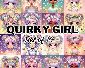 Quirky Girl Clipart:  Doll Designs (Set of 14, JPG, Commercial Use)