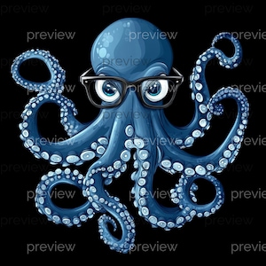 Puede incluir: Ilustración de un pulpo azul con gafas de montura negra. El pulpo tiene múltiples tentáculos y está sobre un fondo negro. La imagen tiene un estilo de dibujos animados.