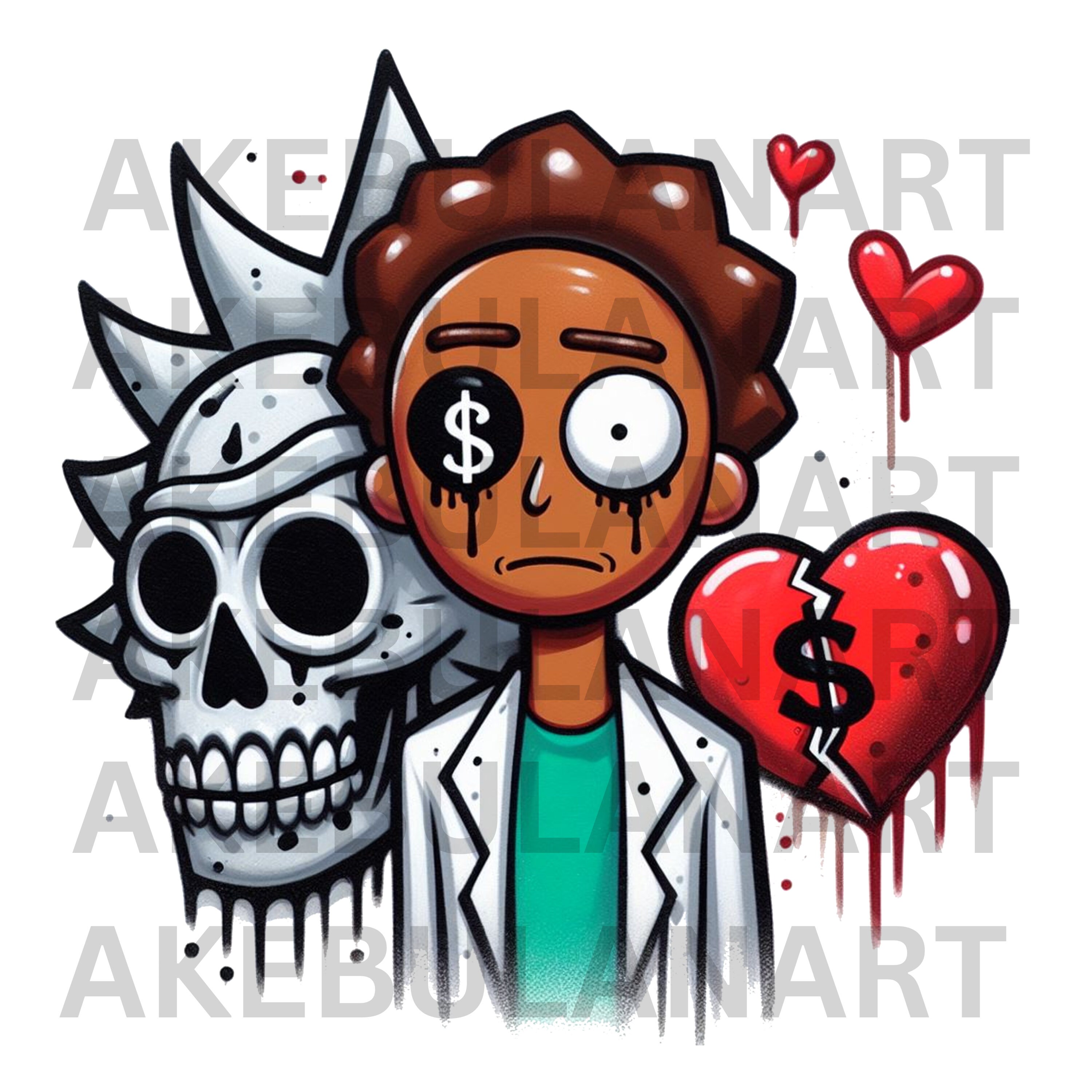 Rick and Morty Skull Broken Heart Character Dollar Signs, Gangster, PNG