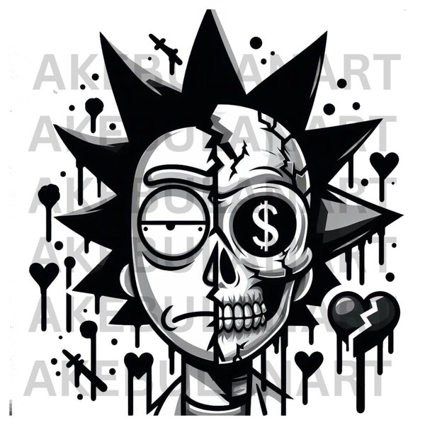 Rick And Morty Skull Broken Heart Character Dollar Signs, Gangster, PNG, Art, Streetwear, Sublimation, Clothing Brand, Clothing Design