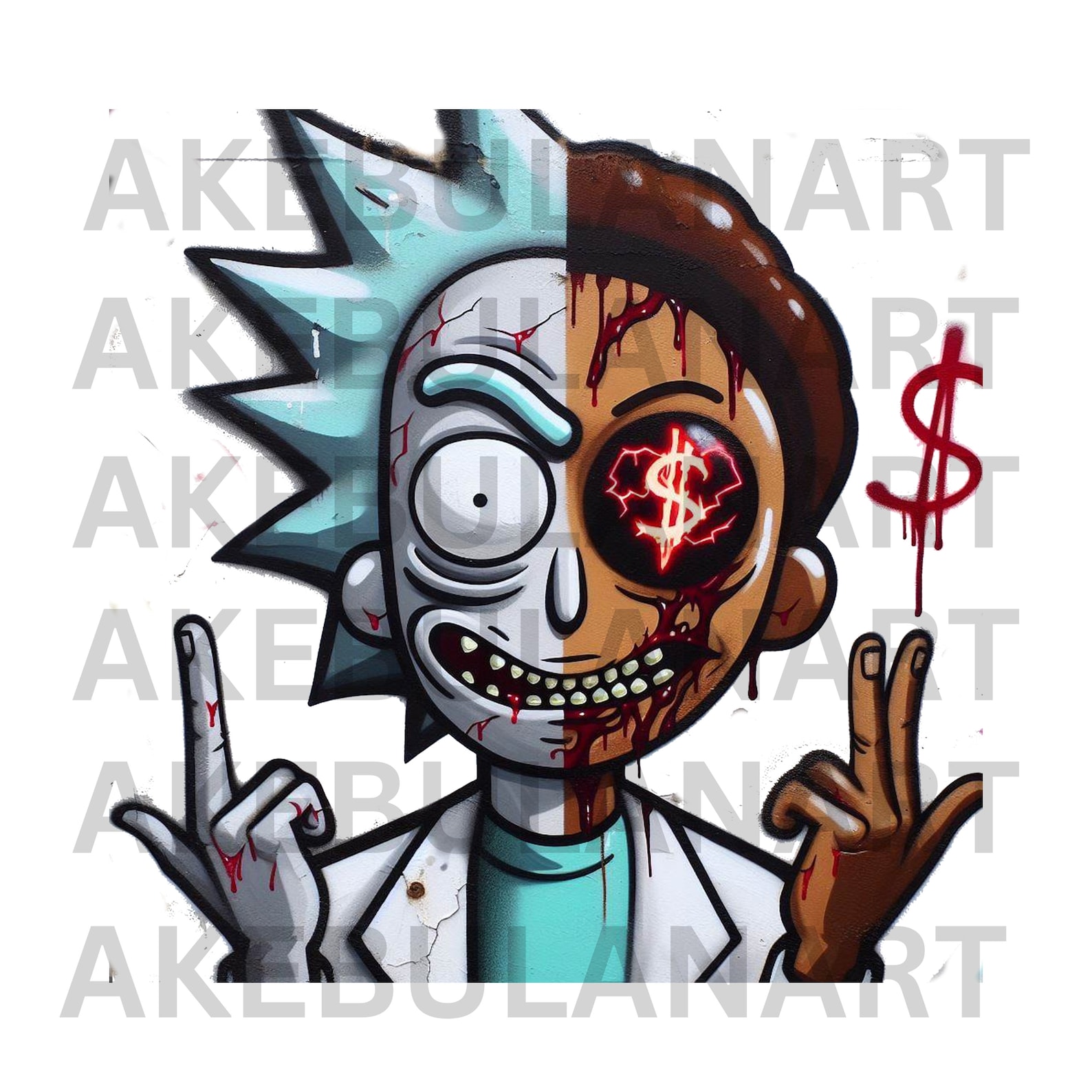 Rick and Morty Skull Broken Heart Character Dollar Signs, Gangster, PNG
