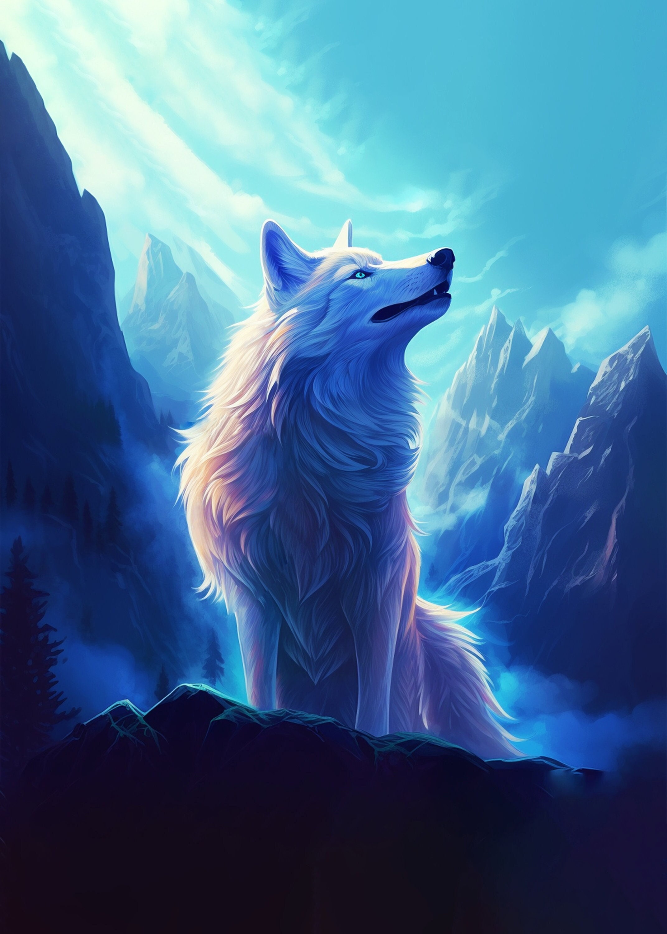 Wolf - Arctic Wolf Amongst Mountains and Forests. Digital