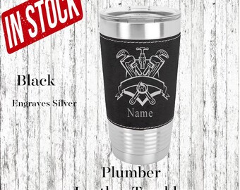 Personalized Plumber Insulated Tumbler, Leather Wrap, Engraved