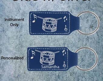 Personalized Snare Drum Player Keychain, Engraved Leatherette, 15 Colors