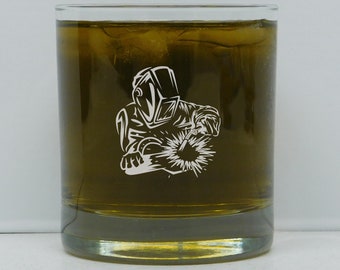 Welder Rocks Glass, Hand-Etched Whiskey Glass, Graduation Gift