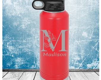 Floral Monogram Personalized Water Bottle, Laser Etched Stainless Steel
