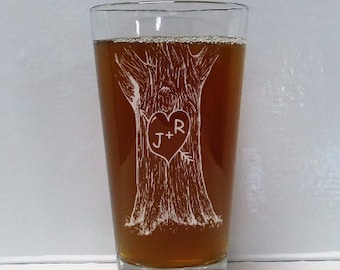 Sweetheart Tree Etched Pint Glass, Personalized Wedding Gift