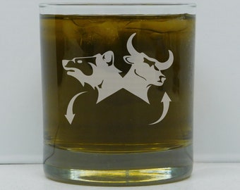Etched Bull & Bear Whiskey Glass, Stock Market Gift, 11oz Rocks Glass