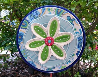 Beautiful Glass Plates get new life as a flower. Yard Art to be enjoyed by everyone! Blue, Green and Paisley Glass, Custom Handcrafted