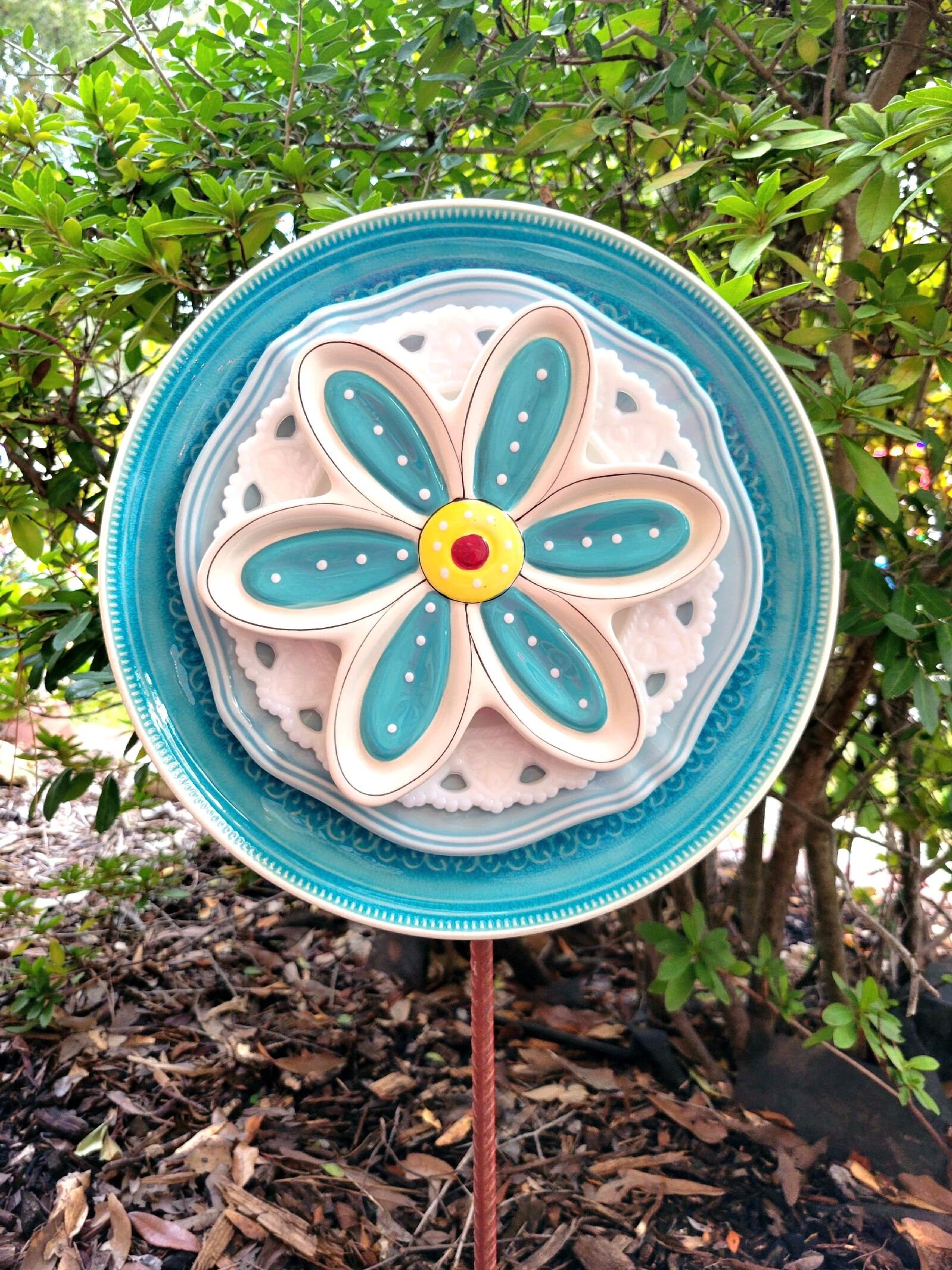Handcrafted Original Glass Garden Art, Glass Plate Flower, Hand Painted