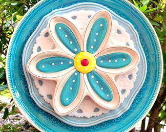 Handcrafted Original Glass Garden Art, Glass Plate Flower, Hand painted, Yard Art Upcycled.  Blue, Green, Teal, White. Great for Christmas
