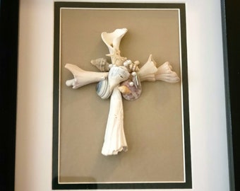 Handcrafted Original Seashell Cross Made from Shells from the Texas Seashore, Gold Background 8 X 10