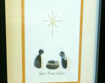 Handcrafted Original Love Came Down Nativity Art work, Seaglass. Seastone. Seashell 8 X 10
