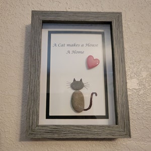 A Cat Makes A House A Home Red Heart Pebble Art, Handcrafted Original 5X7