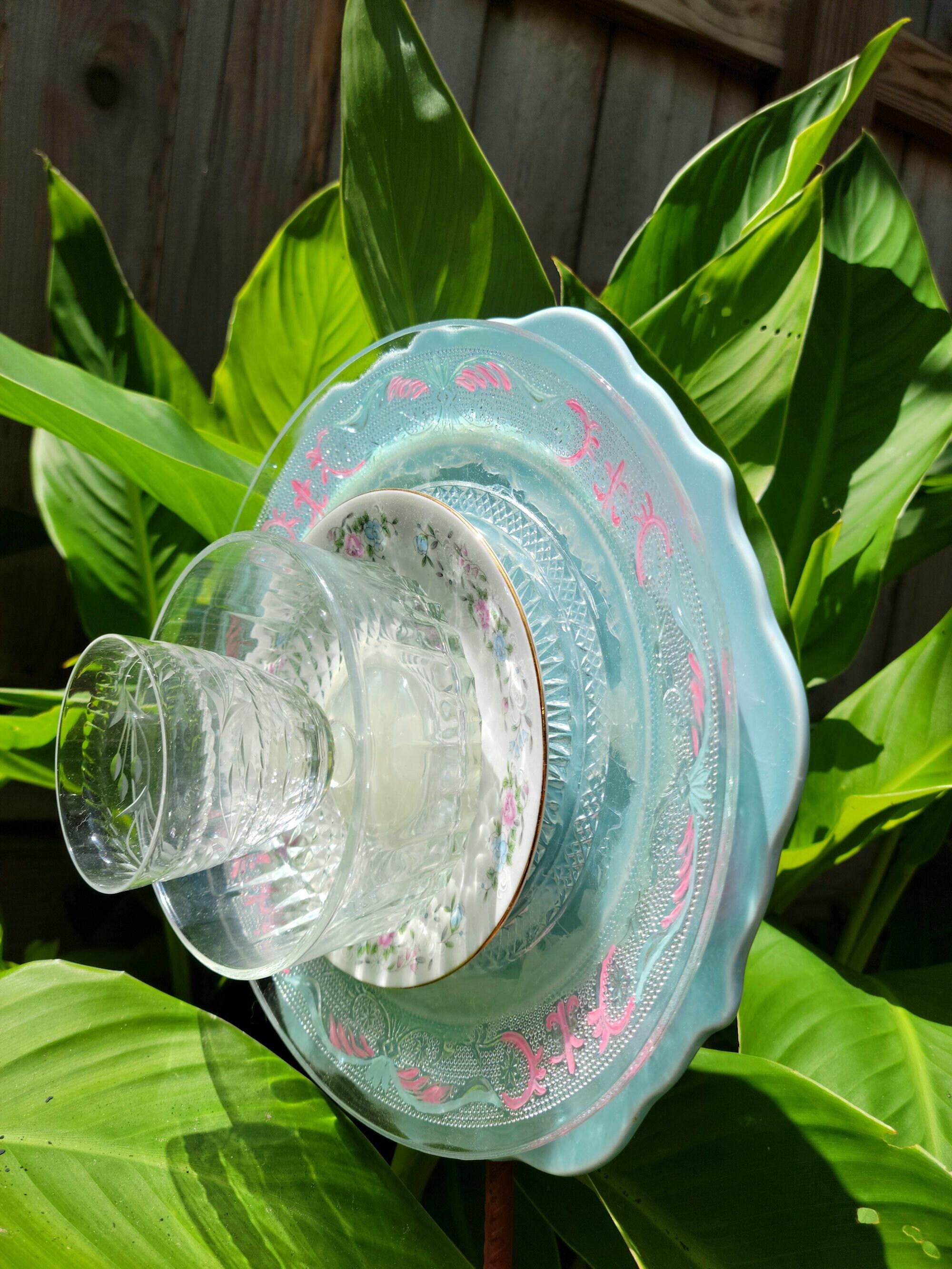 Glass Garden Art, Glass Flower, Plate Flower, Vintage, Yard Art Upcycled. Blue, Pink, Clear, Gold, White. Perfect gift for Mom or Gardener