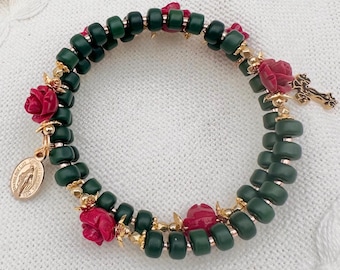 Green and Red Rose Wrap Around Rosary Bracelet | Dark Green Ceramic and Red Quartzite Combo, Gold Toned Miraculous Medal & Cross, Gift